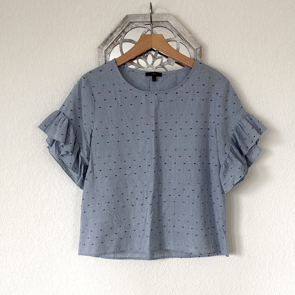 DREW • Chambray Blue Swiss Dot Embroidered Ruffle Flare Short Sleeve Blouse
